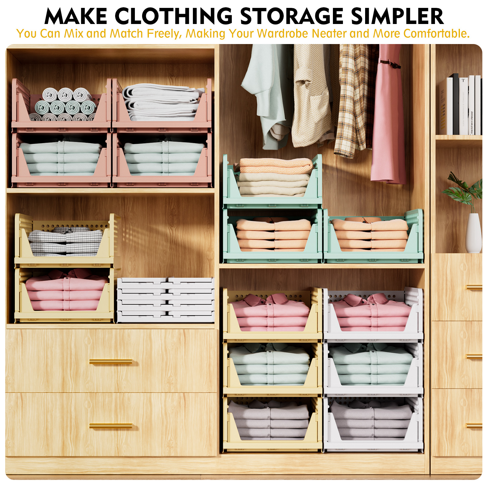 Upgraded Closet Organizers and Storage, Stackable Closet Organizer Basket 5 Pack Foldable Closet Storage Bins for Bathroom Laundry Room Wardrobe Storage, Space-Saving Clothes Drawer Organizer