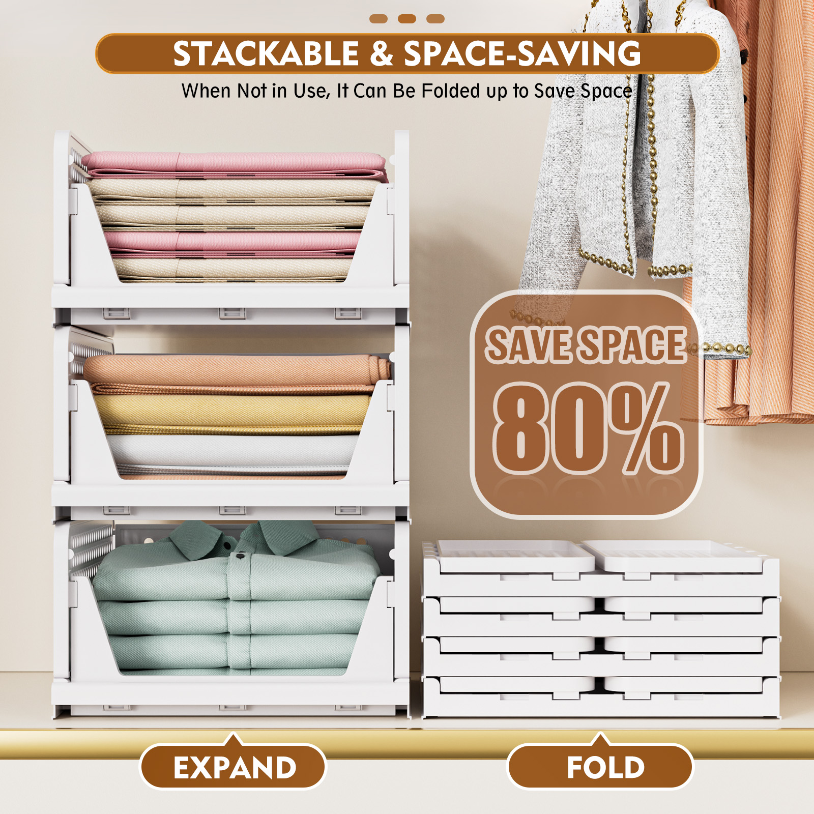 Upgraded Closet Organizers and Storage, Stackable Closet Organizer Basket 5 Pack Foldable Closet Storage Bins for Bathroom Laundry Room Wardrobe Storage, Space-Saving Clothes Drawer Organizer