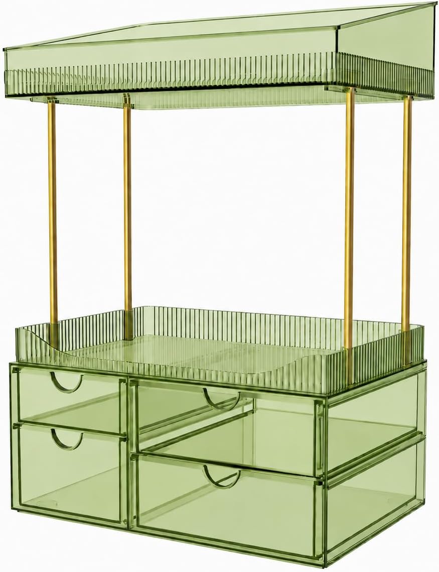 SNSLXH 4-Tier Clear Makeup Organizer Bathroom Storage Green 4 Drawers Cosmetics Organiser, Ideal for Countertop, Bathroom, Office, Dresser, for Cosmetics, Skincare, Perfume, Lipstick