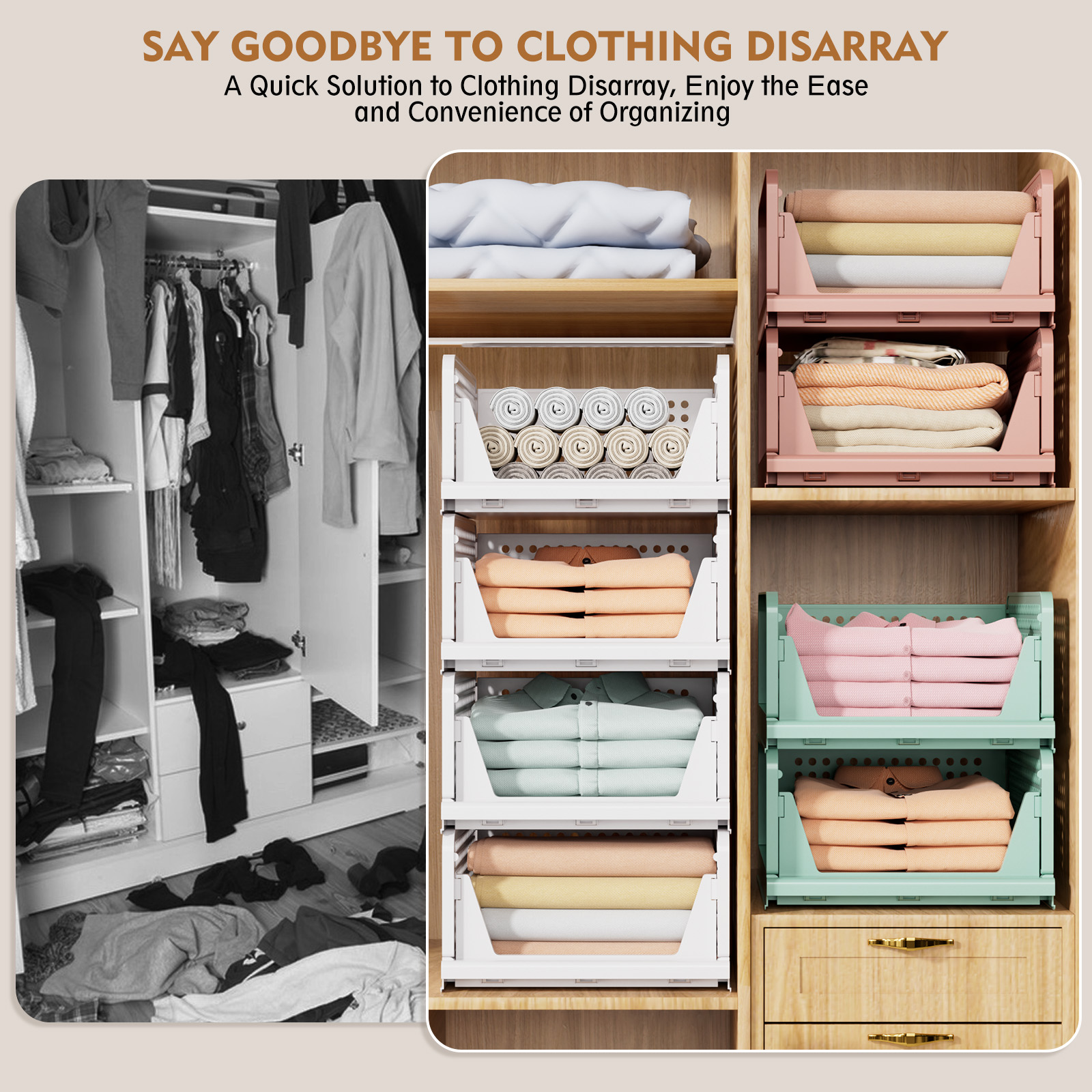 Upgraded Closet Organizers and Storage, Stackable Closet Organizer Basket 5 Pack Foldable Closet Storage Bins for Bathroom Laundry Room Wardrobe Storage, Space-Saving Clothes Drawer Organizer