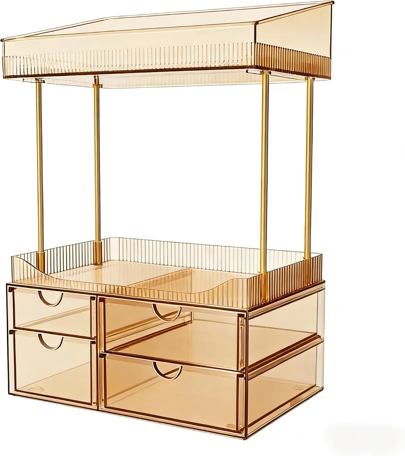 SNSLXH 4-Tier Clear Makeup Organizer Bathroom Storage Amber 4 Drawers Cosmetics Organiser, Ideal for Countertop, Bathroom, Office, Dresser, for Cosmetics, Skincare, Perfume, Lipstick