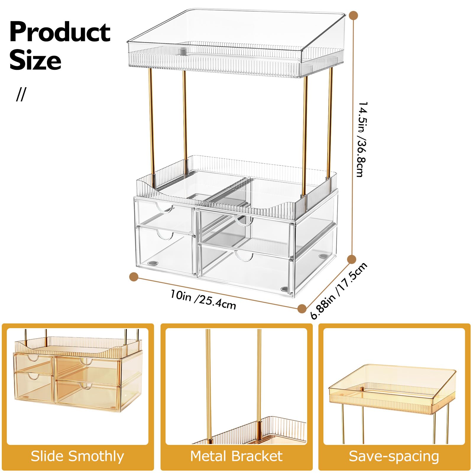 SNSLXH 4-Tier Clear Makeup Organizer Bathroom Storage 4 Drawers Cosmetics Organiser, Ideal for Countertop, Bathroom, Office, Dresser, for Cosmetics, Skincare, Perfume, Lipstick