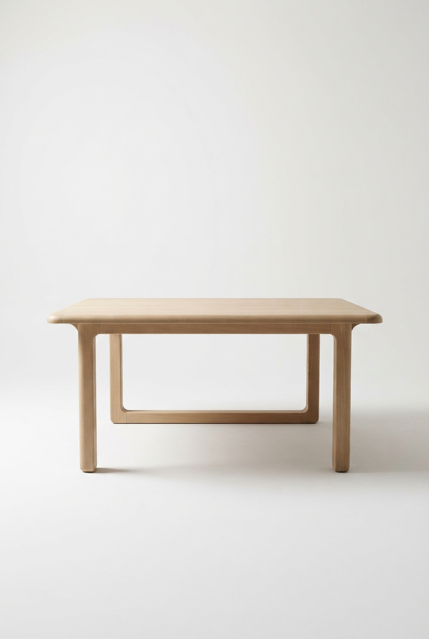 Beige wood dining table with smooth top and rounded edges