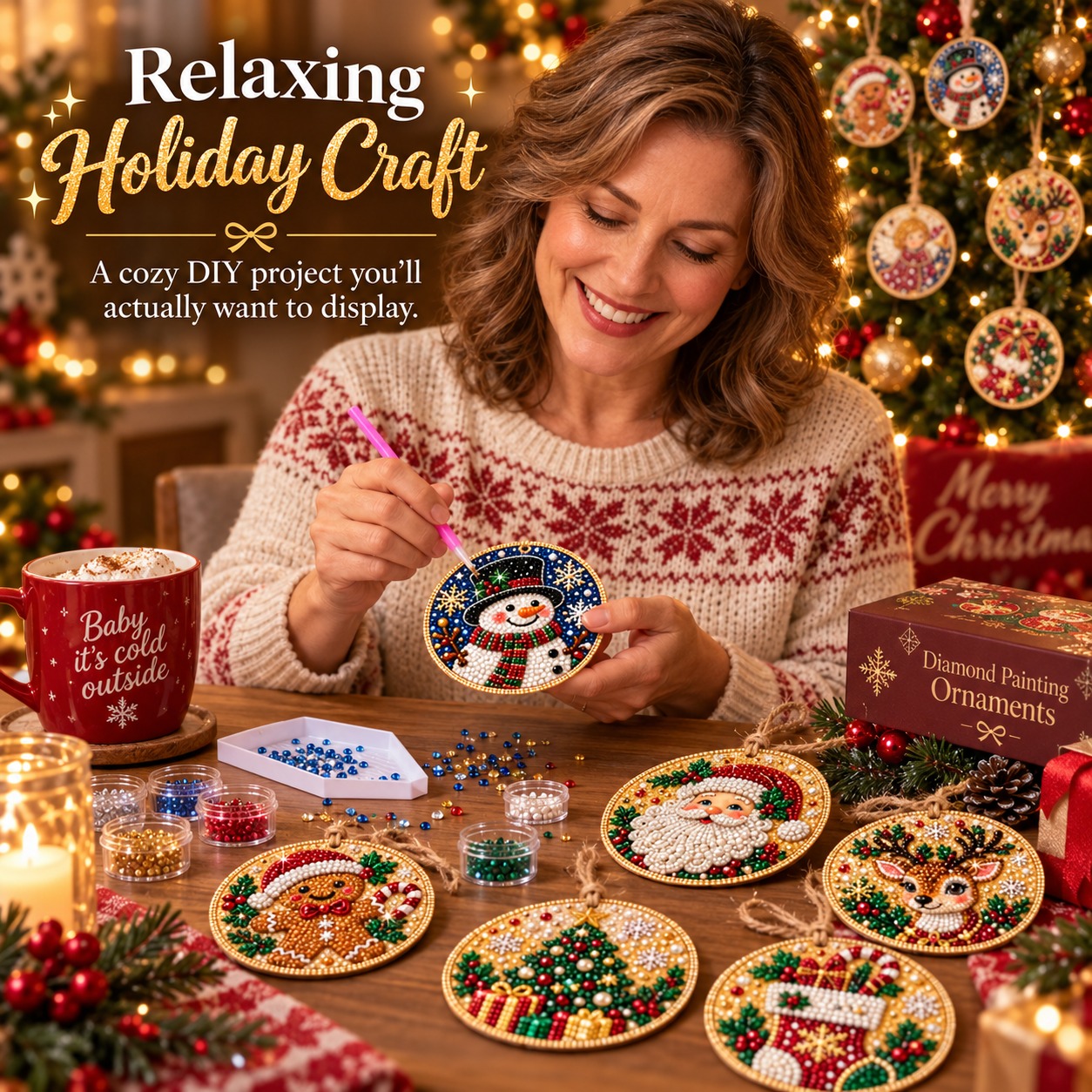 DIY Christmas Diamond Painting Ornament Kit – Sparkling Holiday Tree Decorations
