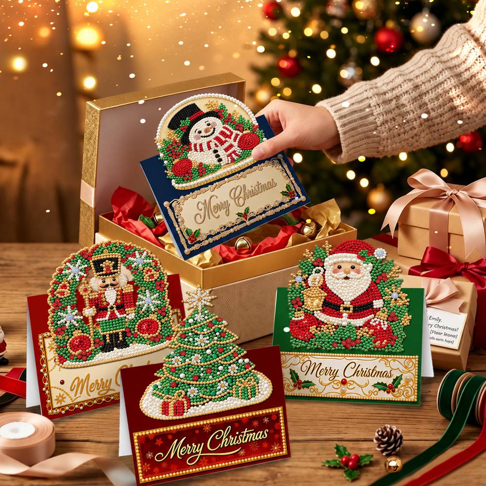 6PCS Christmas Pearl Diamond Painting Cards Kit – DIY Sparkling Holiday Greeting Cards