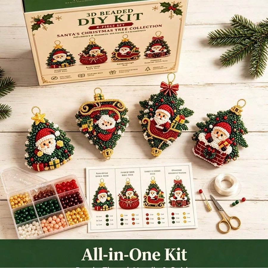 4PCS 3D Beaded Christmas Ornament Kit – DIY Santa Christmas Tree Decorations