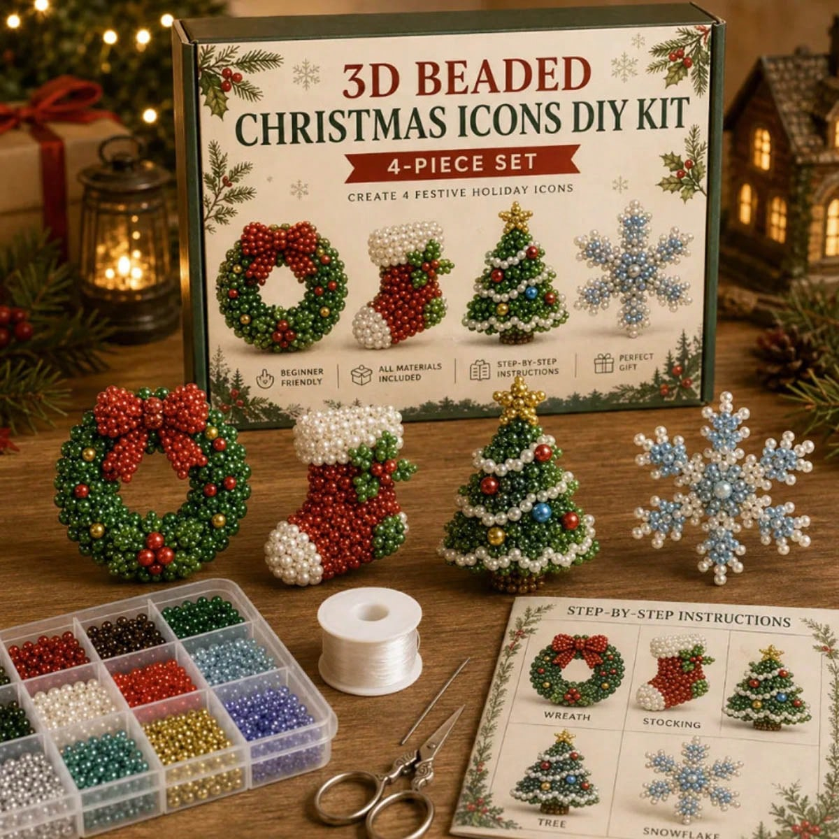 4PCS 3D Beaded Christmas Ornament Kit – DIY Santa Christmas Tree Decorations