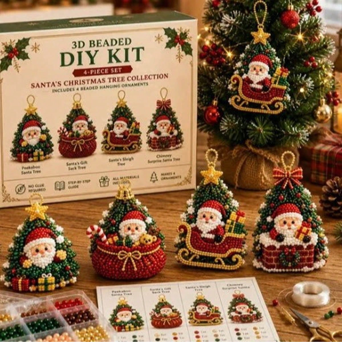 4PCS 3D Beaded Christmas Ornament Kit – DIY Santa Christmas Tree Decorations
