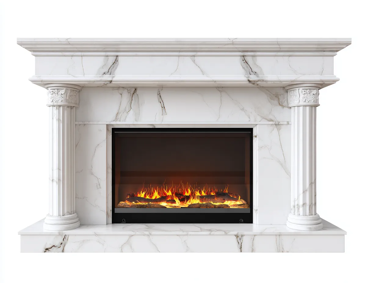 Camino All'Aperto 180×45×135 cm - marmo bianco e nero - elettrico con cornice classica-Vicoriaroom