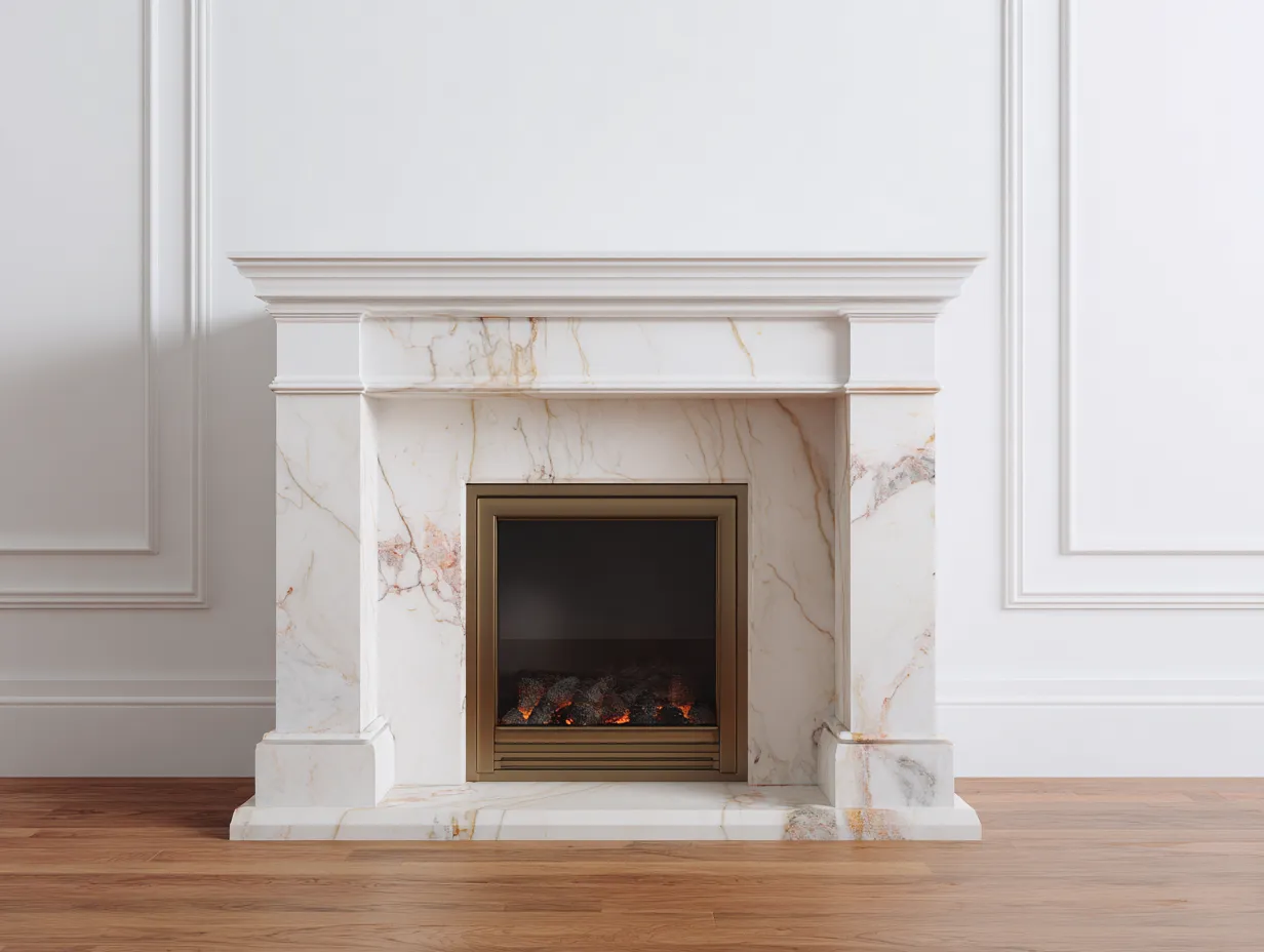 Camino con rivestimento effetto marmo 145×42×118 cm - bianco/beige - design elegante per area esterna coperta-Vicoriaroom