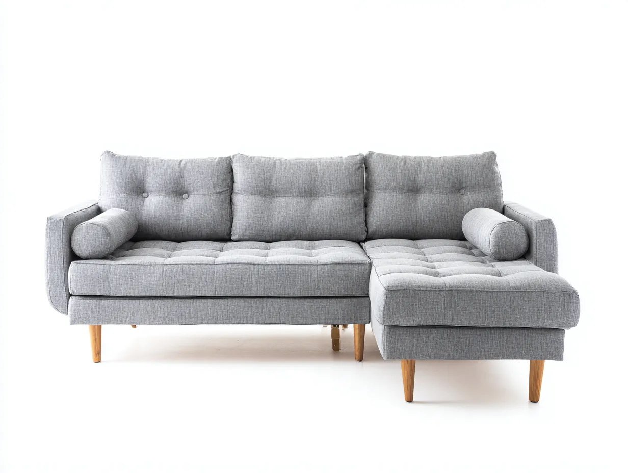 Divano Soggiorno 245×155×86 cm - tessuto grigio chiaro e legno naturale - chaise longue con seduta trapuntata-Vicoriaroom