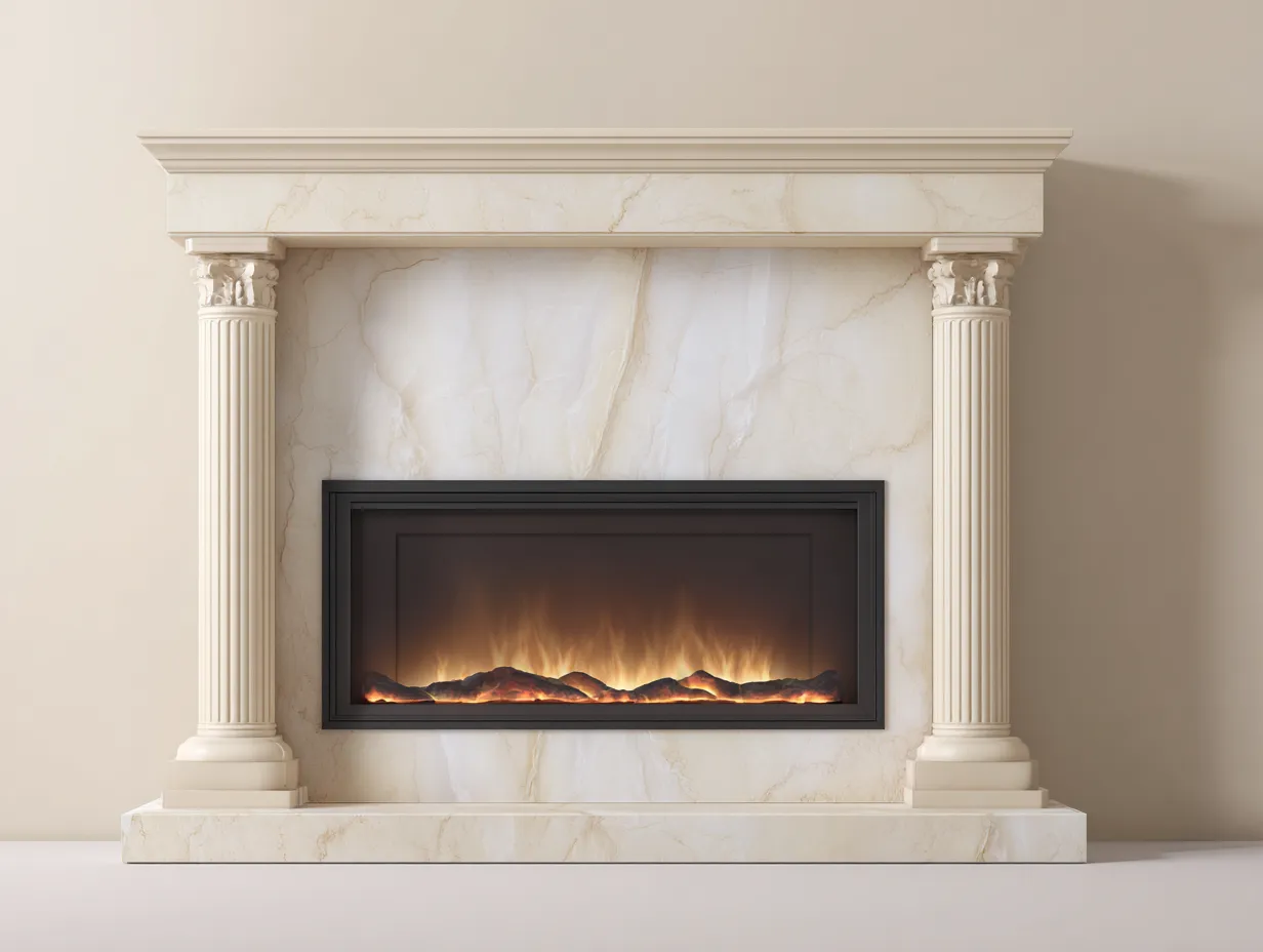 Camino da esterno effetto marmo 150×42×118 cm - crema - cornici classiche con colonne-Vicoriaroom