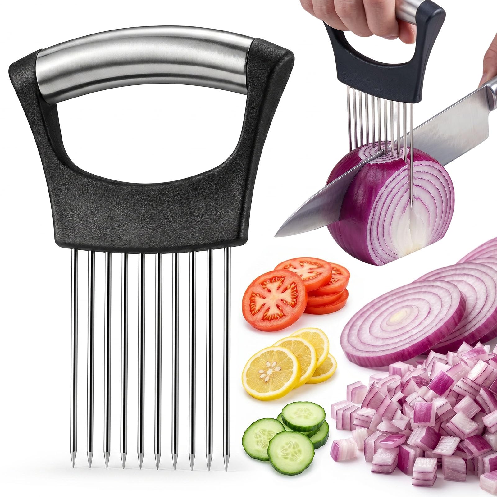 JAYVAR Onion Holder for Slicing, 304 Stainless Steel 10 Long Needles, Vegetable Chopper, Food Slicing Guide, Multi-Purpose Cutter for Tomato Potato
