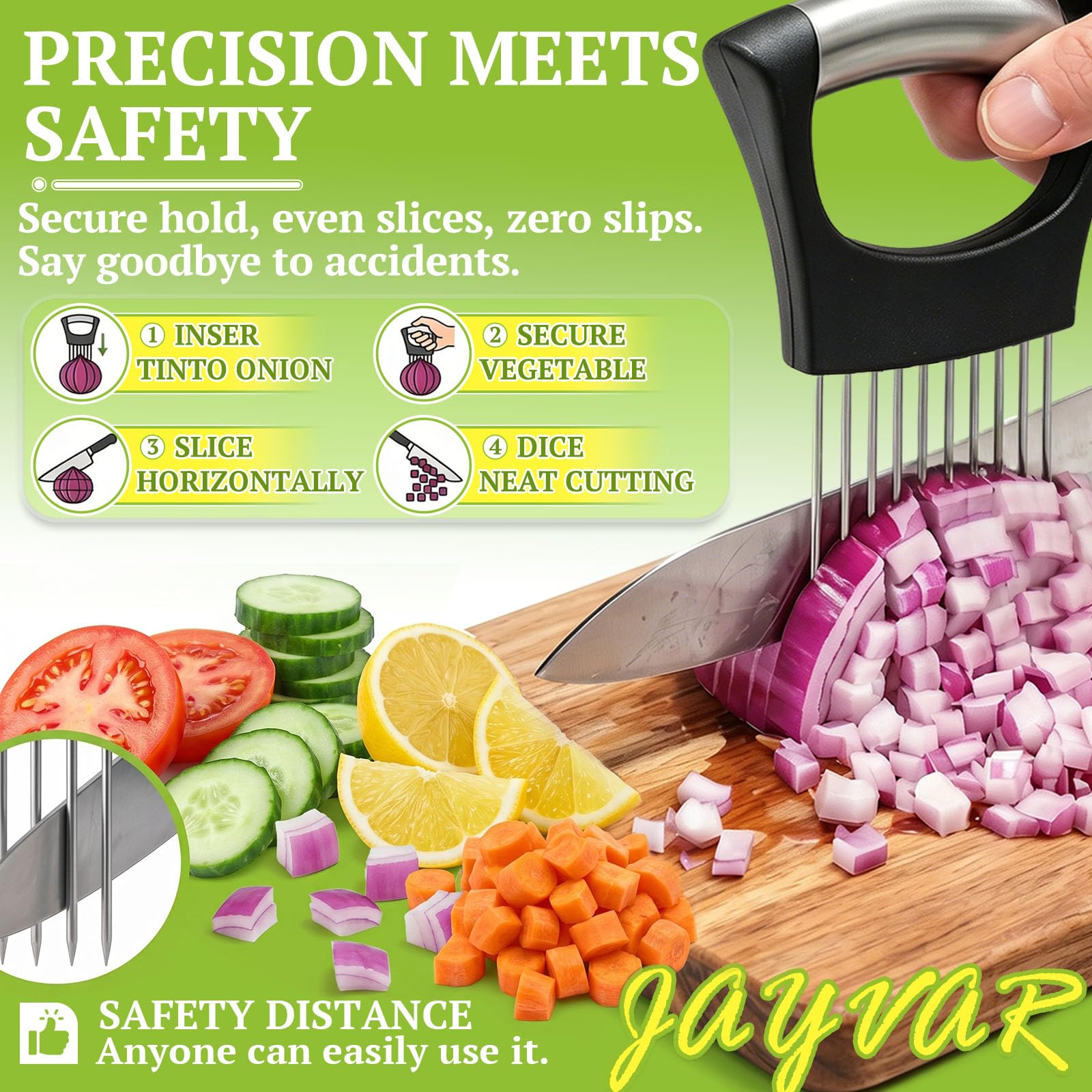 JAYVAR Onion Holder for Slicing, 304 Stainless Steel 10 Long Needles, Vegetable Chopper, Food Slicing Guide, Multi-Purpose Cutter for Tomato Potato