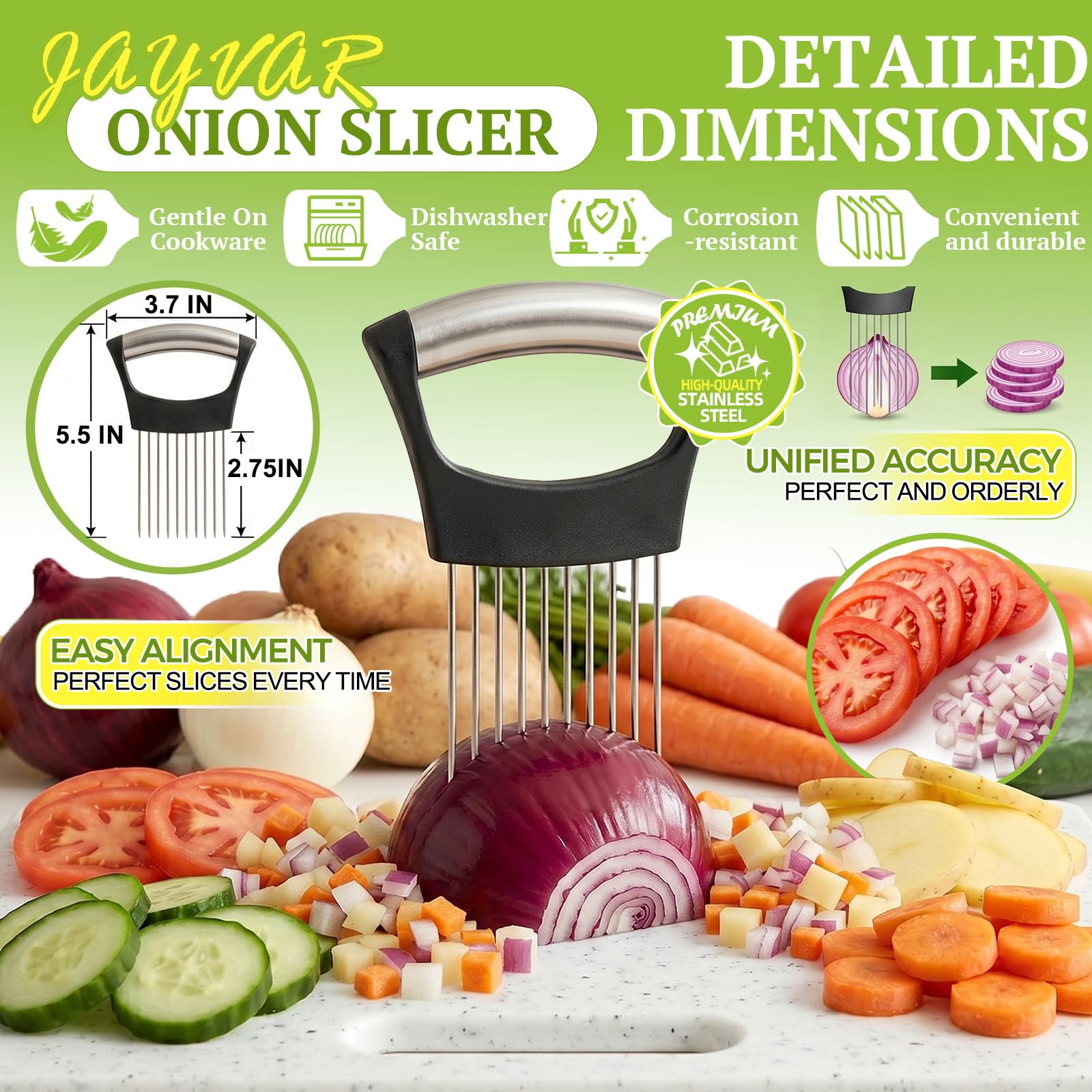 JAYVAR Onion Holder for Slicing, 304 Stainless Steel 10 Long Needles, Vegetable Chopper, Food Slicing Guide, Multi-Purpose Cutter for Tomato Potato