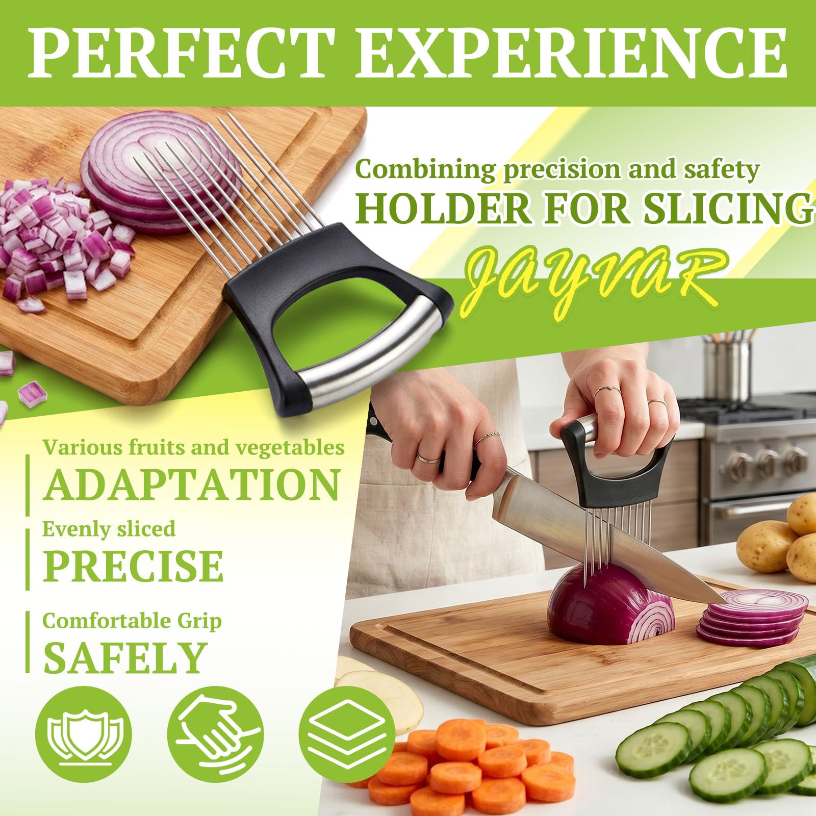 JAYVAR Onion Holder for Slicing, 304 Stainless Steel 10 Long Needles, Vegetable Chopper, Food Slicing Guide, Multi-Purpose Cutter for Tomato Potato