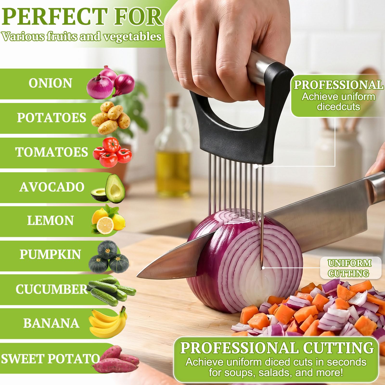 JAYVAR Onion Holder for Slicing, 304 Stainless Steel 10 Long Needles, Vegetable Chopper, Food Slicing Guide, Multi-Purpose Cutter for Tomato Potato