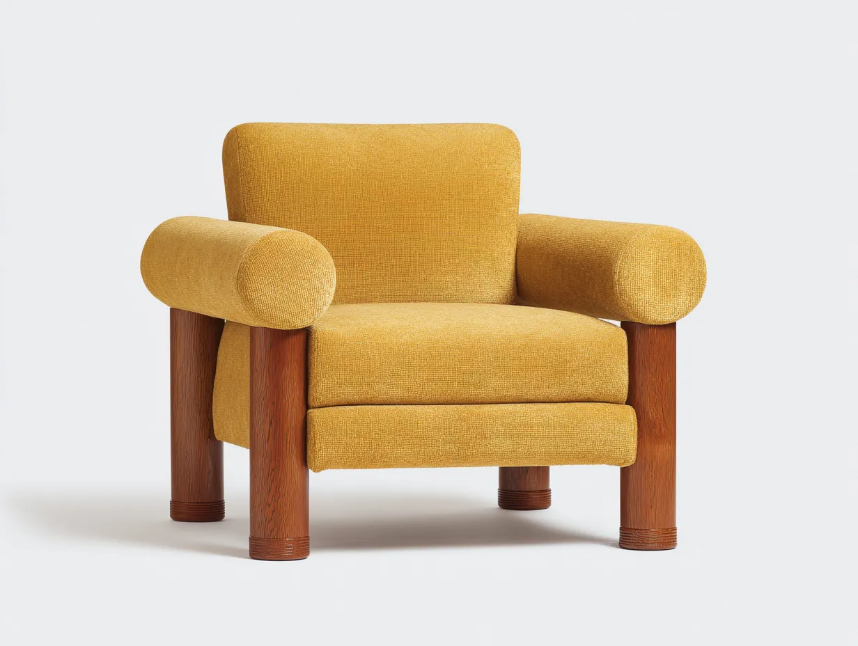 Poltrona 86×82×88 cm - tessuto giallo e legno marrone - design moderno con braccioli arrotondati-Kalenvahouse