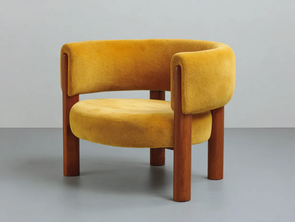 Poltrona avvolgente in tessuto giallo e legno 85×79×76 cm - seduta curva per soggiorno-Kalenvahouse