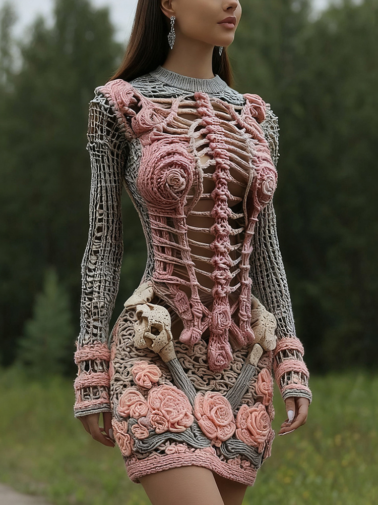 Women's Halloween Skeleton Bones With Rose Art Cozy Knit Mini Sweater Dress