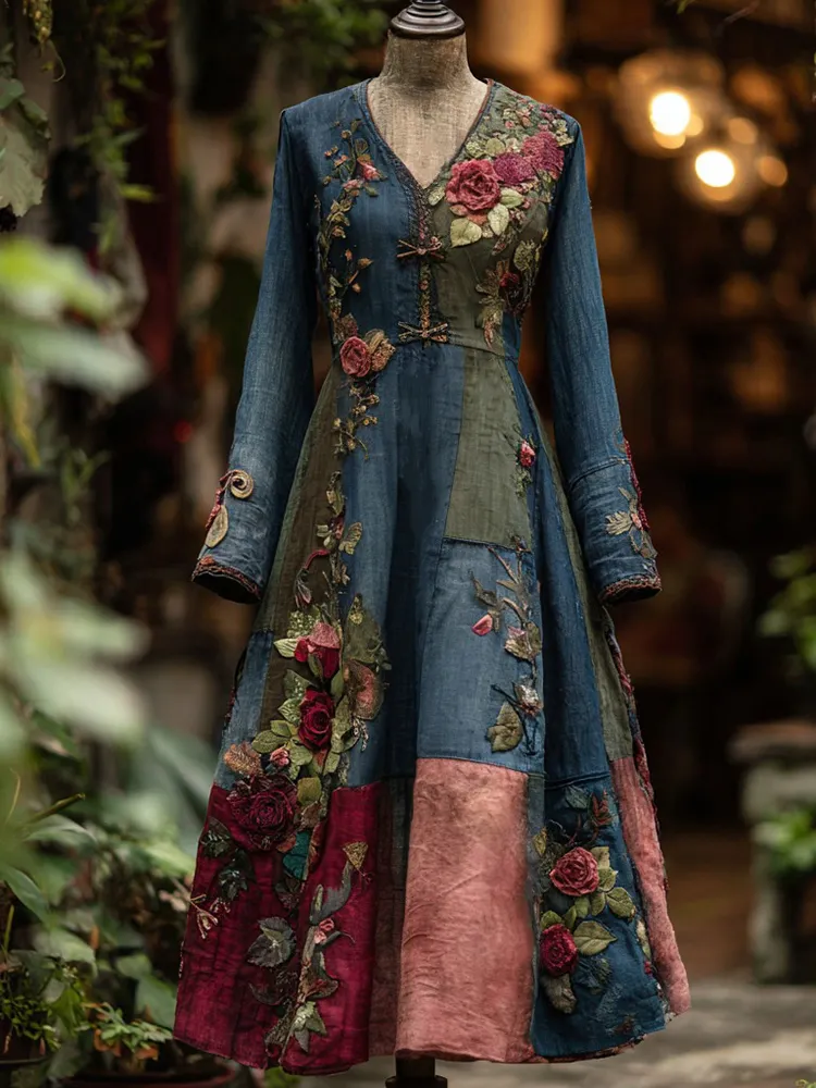 Women's Vintage Bohemian Floral Patchwork V-neck Long Dress