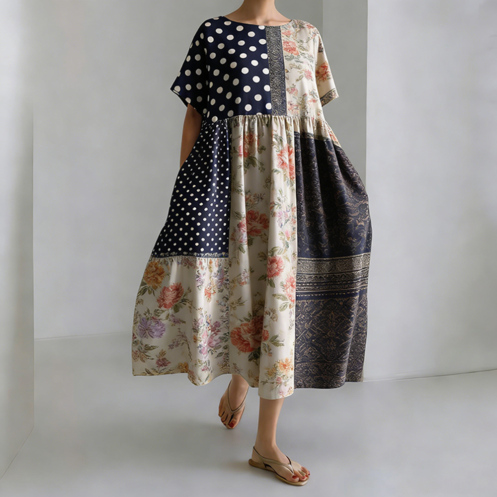 Vintage Floral Geometric Patchwork Round-neck Dress
