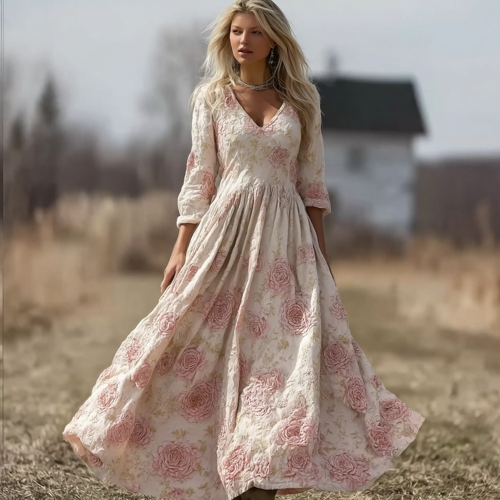 Elegant Boho Pink Roses Embroidered Flowy Linen Maxi Dress