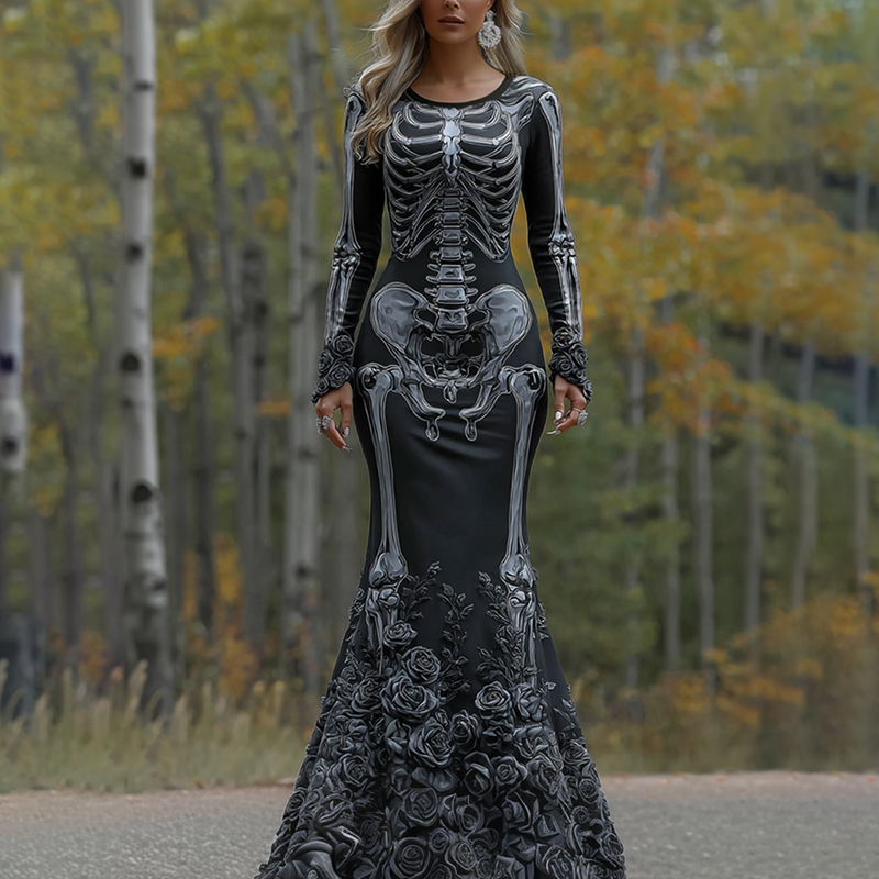 Women's Vintage Halloween Skeleton Bones With Rose Art Cozy Long Sleeve Maxi Dress