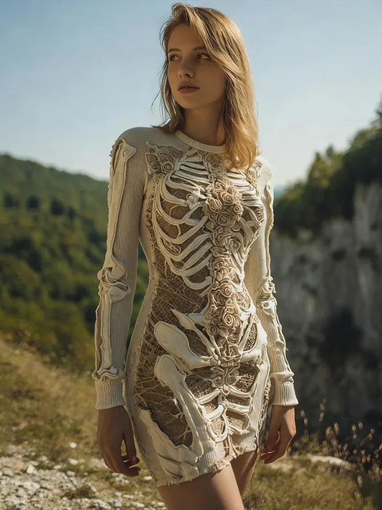 Women's Halloween Skeleton Bones Art Cozy Knit Mini Sweater Dress