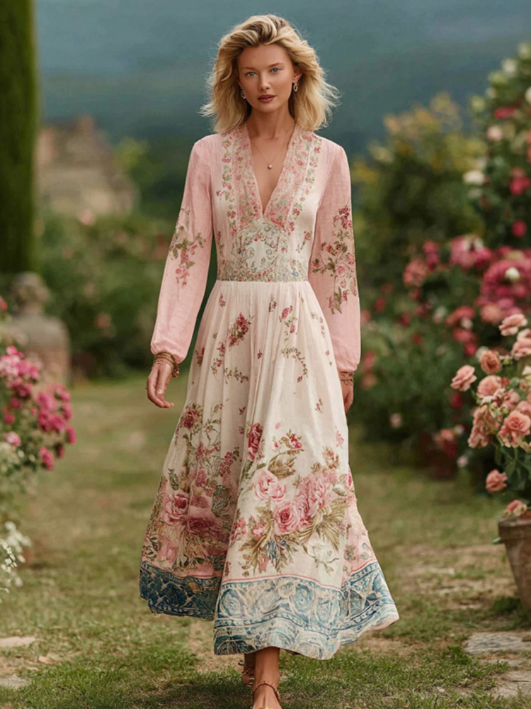 Women's Retro Bohemian Art Floral V-neck Long-sleeved Dress.