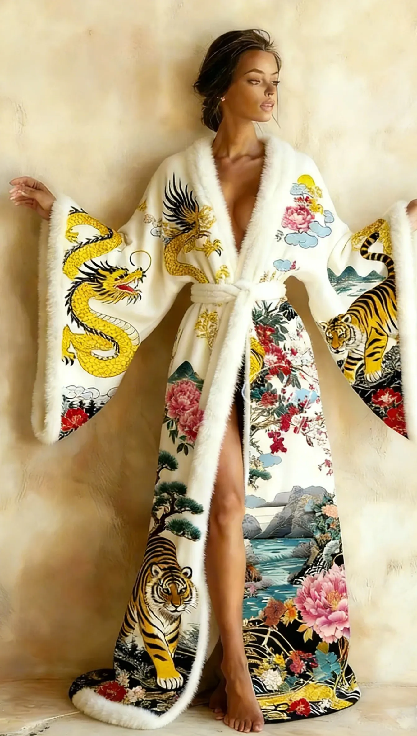 Abstract  Art Print Kimono Long Gown Autumn and Winter Robe With Belt