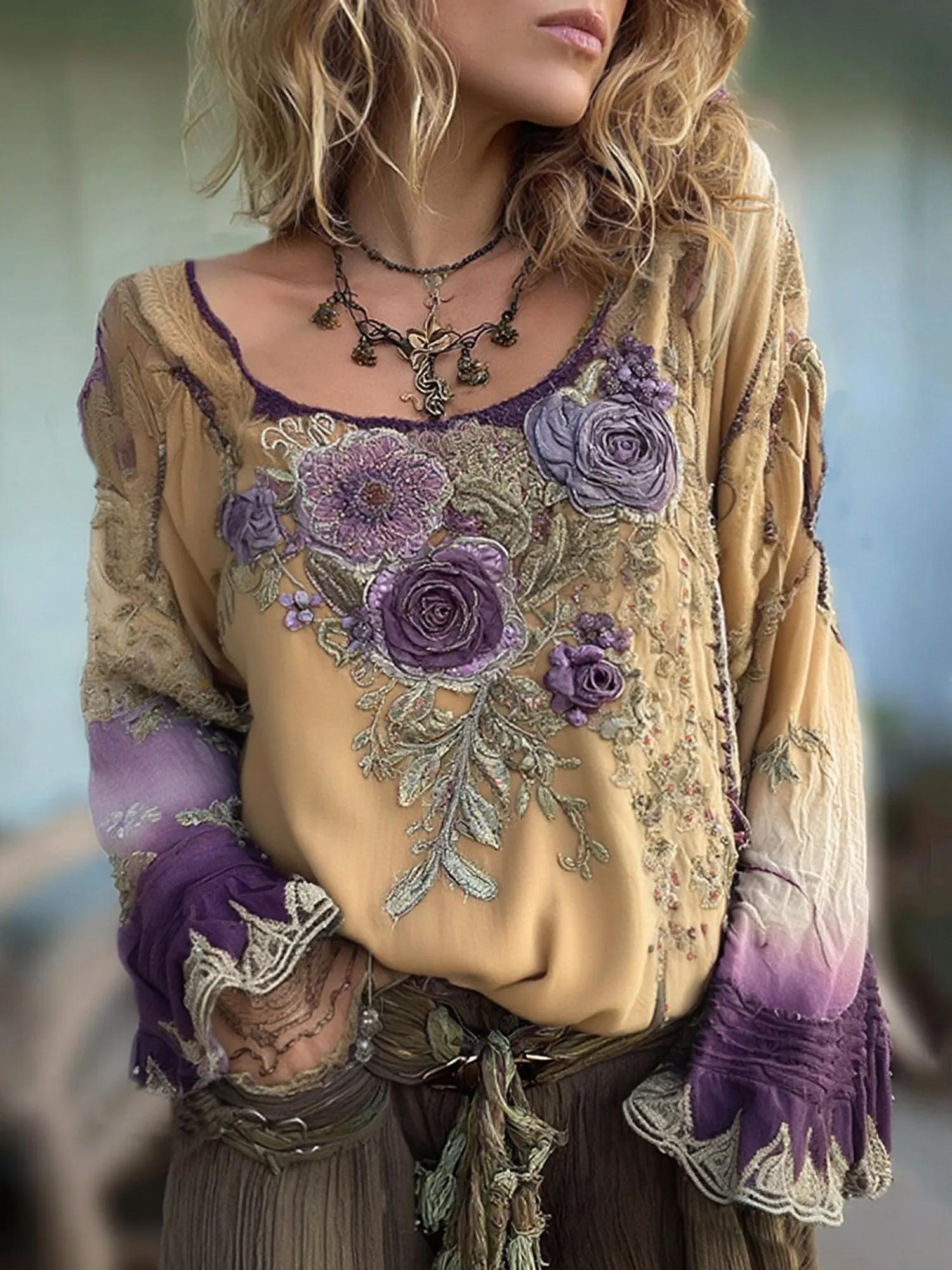 Vintage Purple Lavender And Floral Embroidered Long Sleeve Shirt