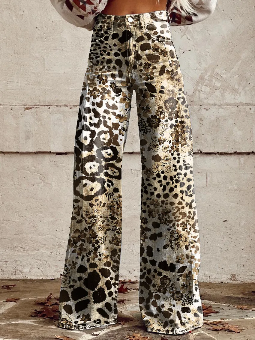 Vintage Floral Leopard Print Casual Wide-Leg Pants