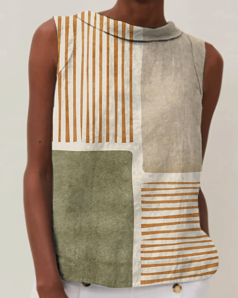 Retro Geometric Print Cotton & Linen Round Neck Sleeveless Top