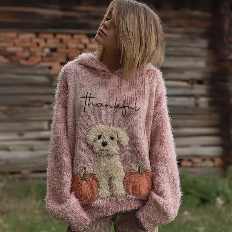 Thankful Fuzzy Dog & Pumpkins Cozy Hooded Sweater