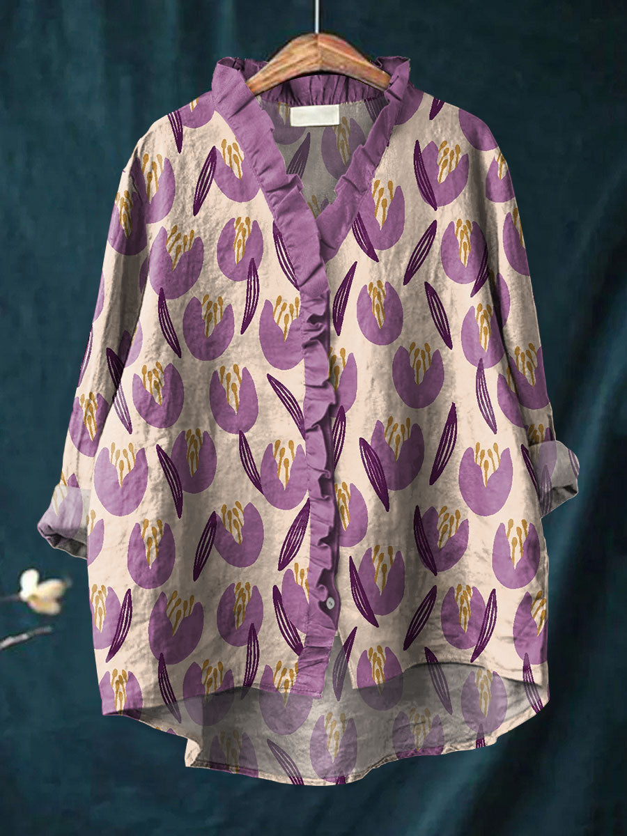 Vintage Floral Art Print Casual Cotton & Linen Ruffle Shirt