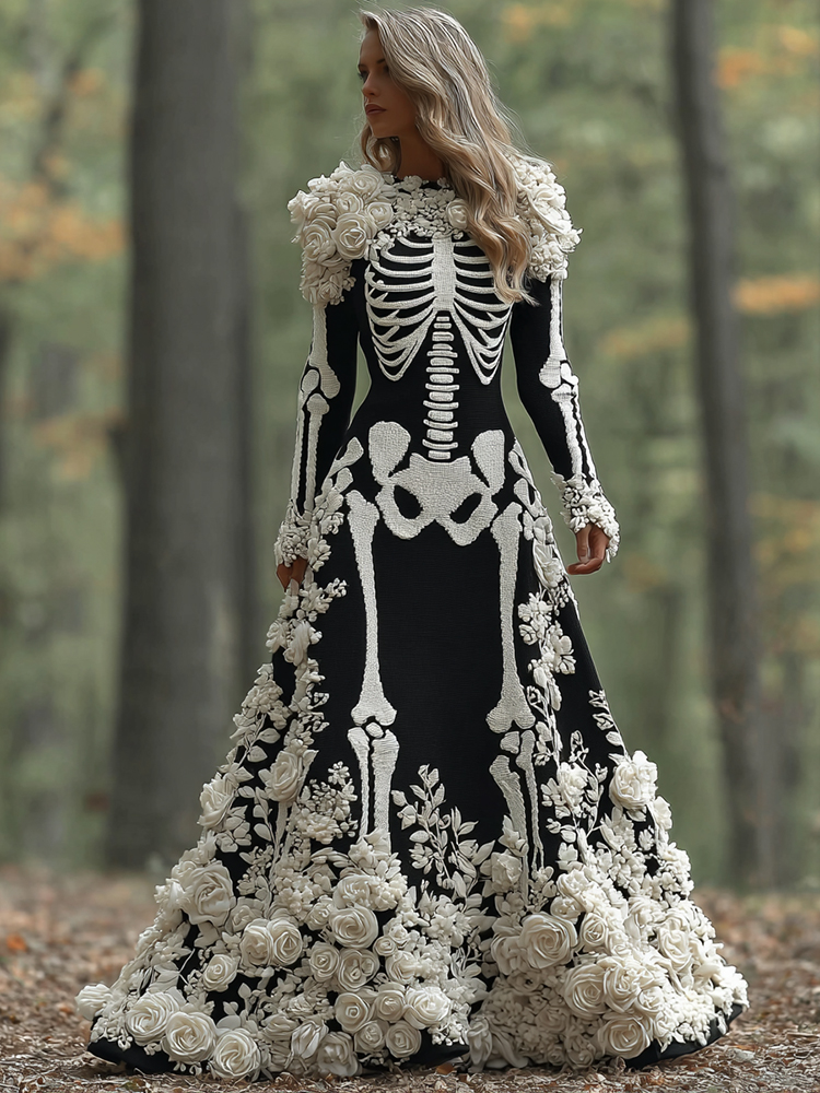 Women's Vintage Halloween Skeleton Bones With Rose Art Cozy Knitted Warm Long Sleeve Maxi Dress
