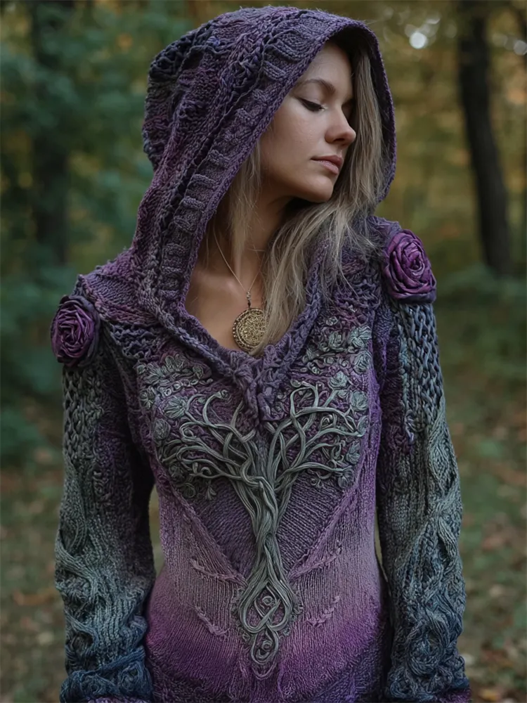 Vintage Purple Roses Tree Of Life Gradient Cozy Hooded Sweater