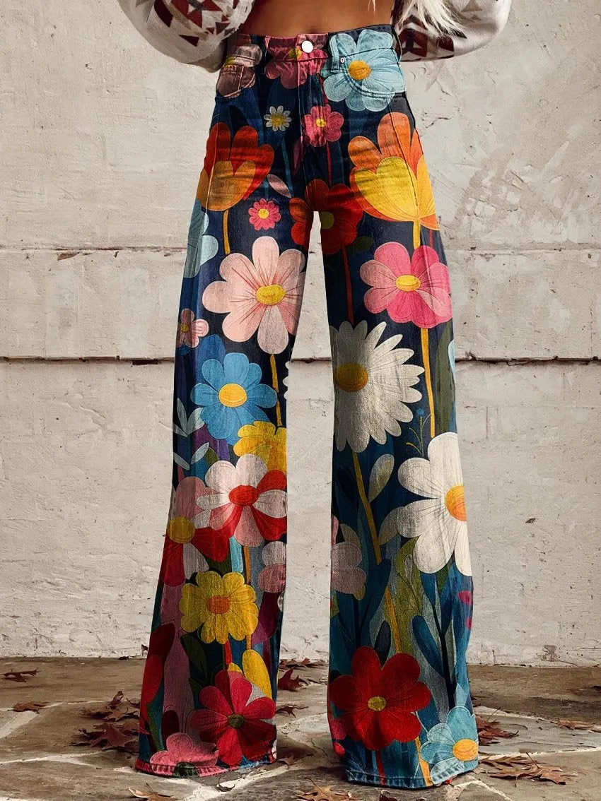 Colorful Flower Geometric Pattern Print Casual Wide-Leg Pants