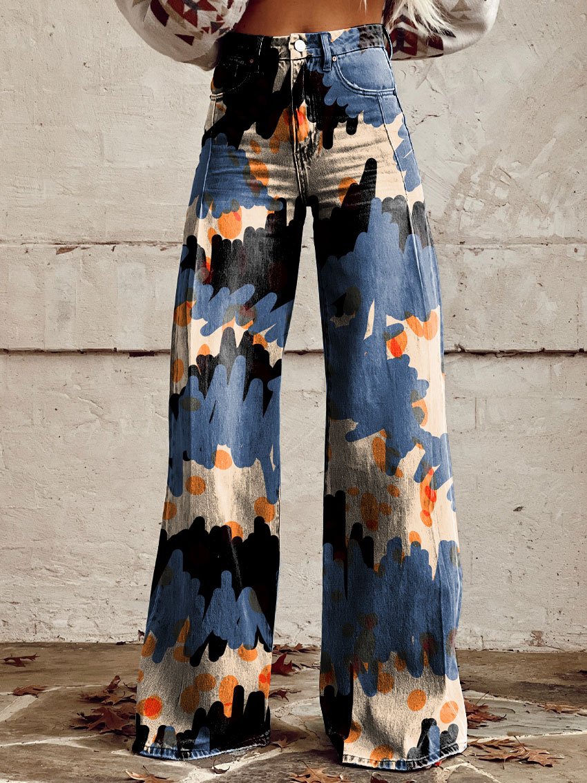 Vintage Print Casual Wide-Leg Pants