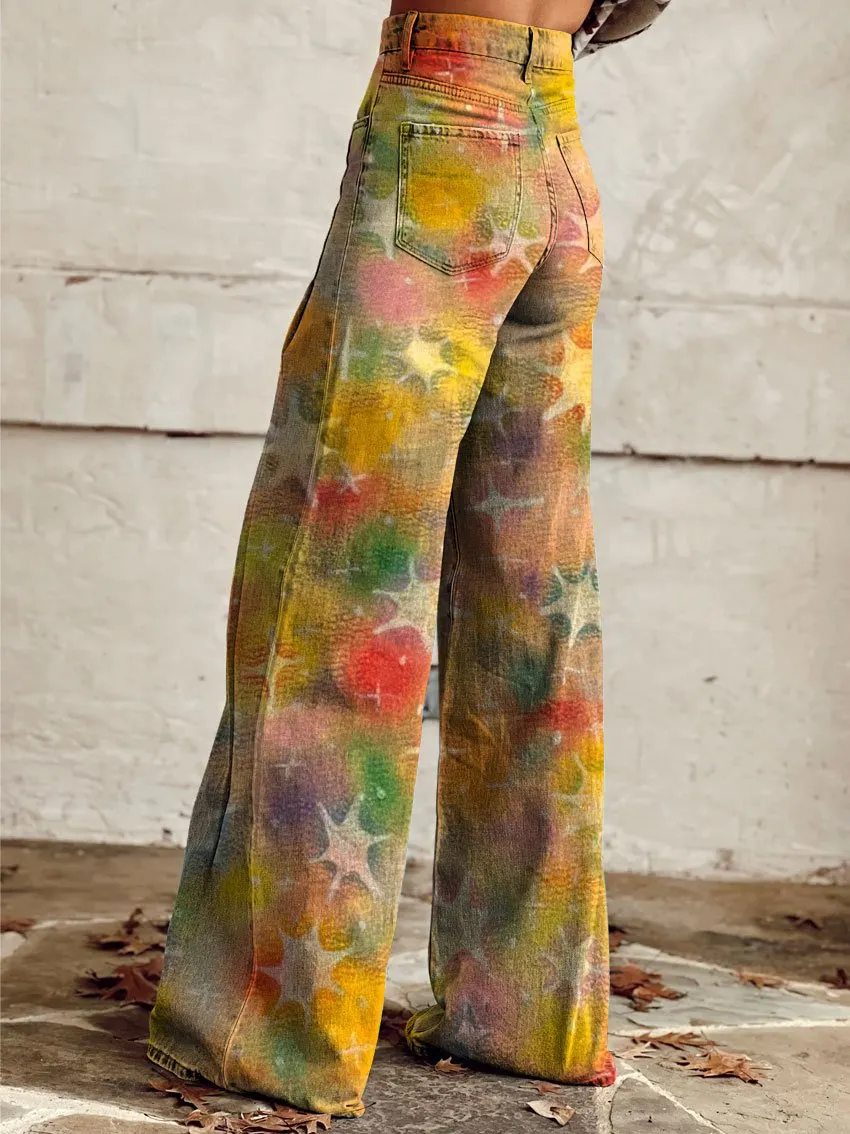 Vintage Star Kaleidoscope Print Casual Wide-Leg Pants