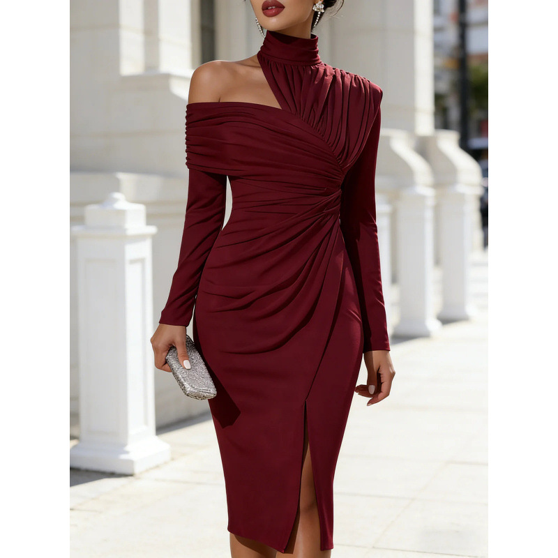 White Asymmetric Draped High-Neck One-Shoulder Midi Dress