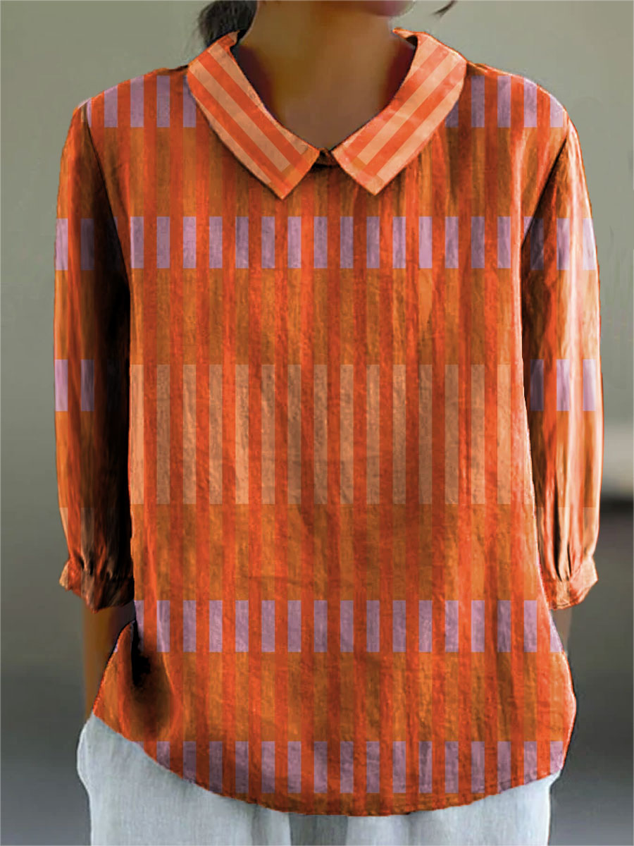 Colorblock Striped Art Print Casual Cotton & Linen 3/4 Sleeve Shirt