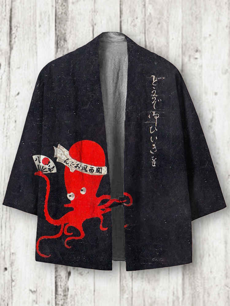 Red Octopus Japanese Print Linen Blend Kimono Cardigan