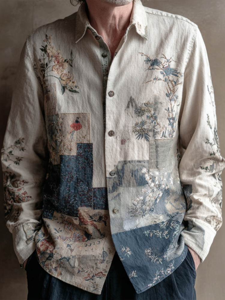 Men's Retro Japanese Art Floral Print Shirt