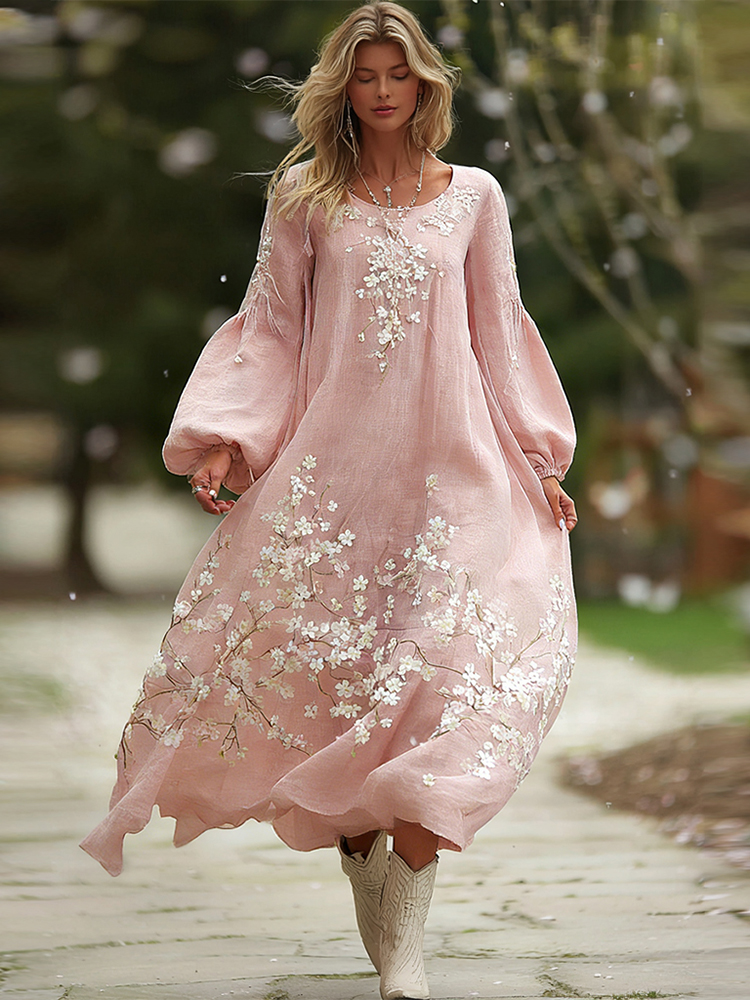Women's Bohemian Cherry Blossom Pattern Casual Round Neck Long Sleeve Dress