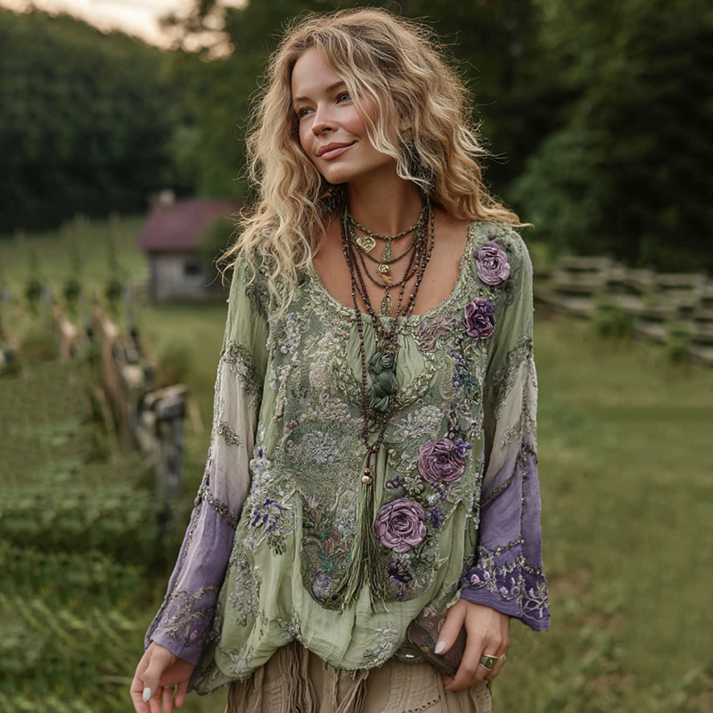Vintage Purple Lavender And Floral Embroidered Long Sleeve Shirt