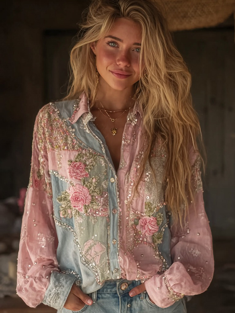Women's Pink Rose Embroidered Denim Patchwork Shirt