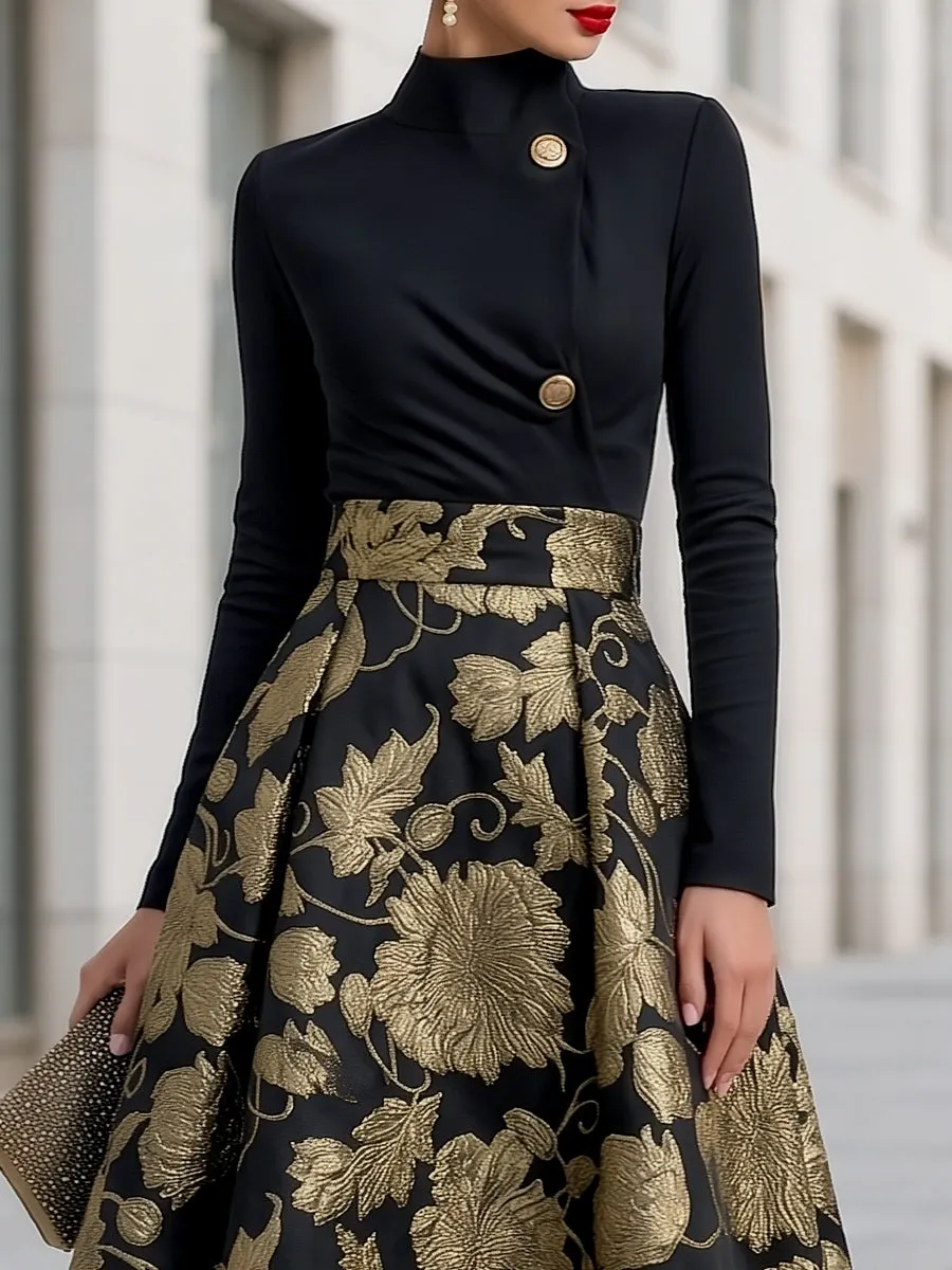 Black Mock Neck Jacquard Floral A-Line Midi Dress