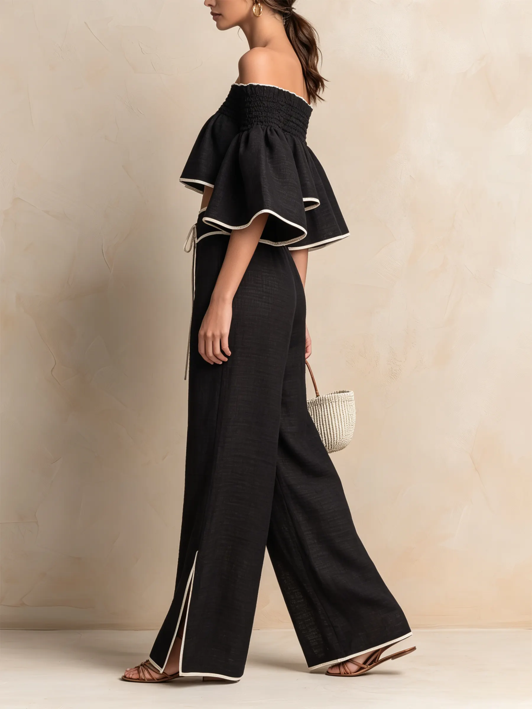 Black -Blend Off-Shoulder Two-Piece Set With Contrast Trim